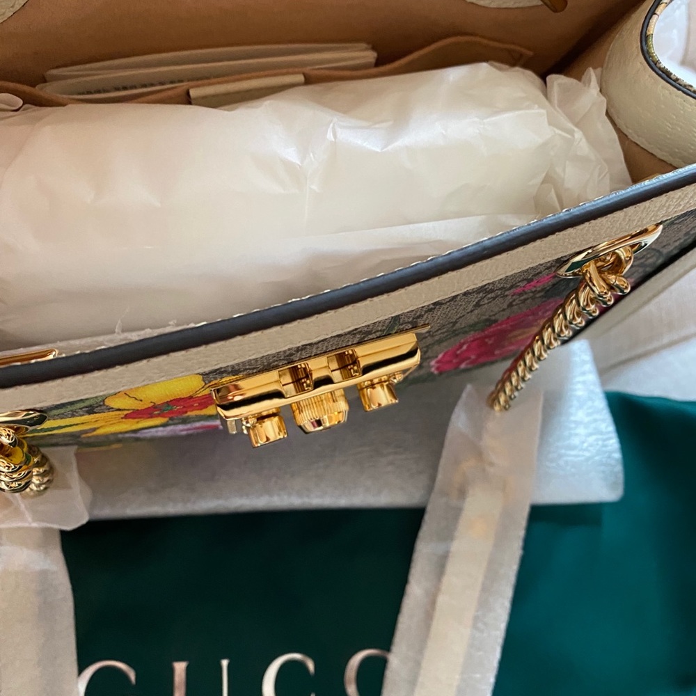 ✨NEW!✨GUCCI✨GG GUCCISSIMA SUPREME FLORA CANVAS & LEATHER PADLOCK CHAIN BAG - Picture 10 of 16